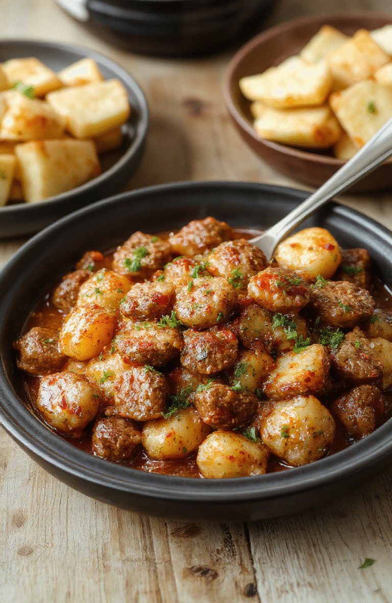 Golden-brown, crackling-crusted casserole dish with tender caramelized sausage links, crispy-edged potato slices, and melted cheese bubbling on top, garnished with fresh parsley, served in a rustic ceramic bowl with steam rises, set on a light oak wooden table with soft daylight and shallow depth of field focusing on the crispy top.