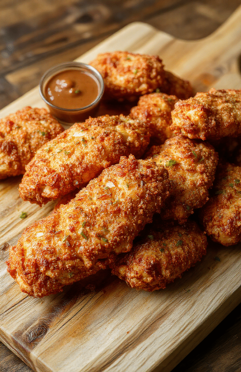 Golden-brown, perfectly crispy chicken tenders arranged in a rustic wooden board, glistening with a light oil sheen, next to a side of tangy house-made honey-mustard dipping sauce in a small ceramic ramekin. Fresh parsley sprigs for garnish, soft natural lighting, shallow depth of field highlighting texture.