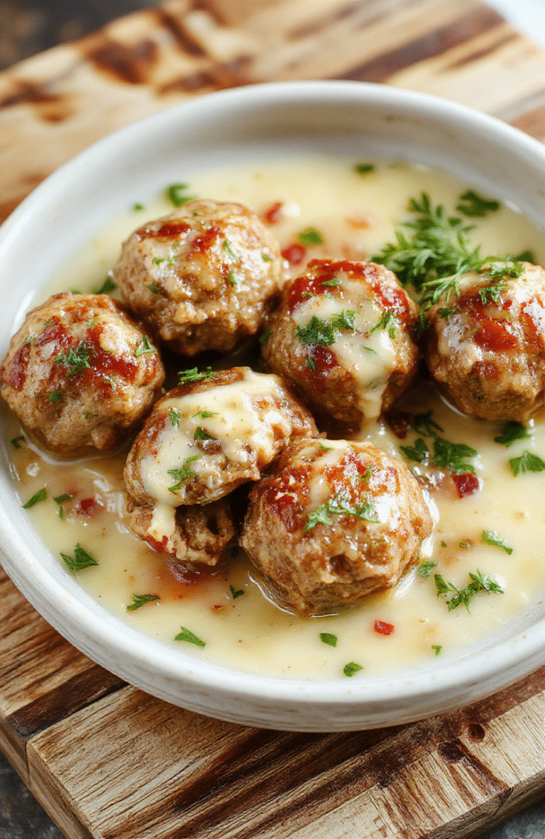 Golden-brown juicy turkey meatballs glistening with garlic butter sauce, served on a rustic white ceramic plate alongside fresh parsley and a lemon wedge, on a wooden cutting board with soft shadows and natural daylight.