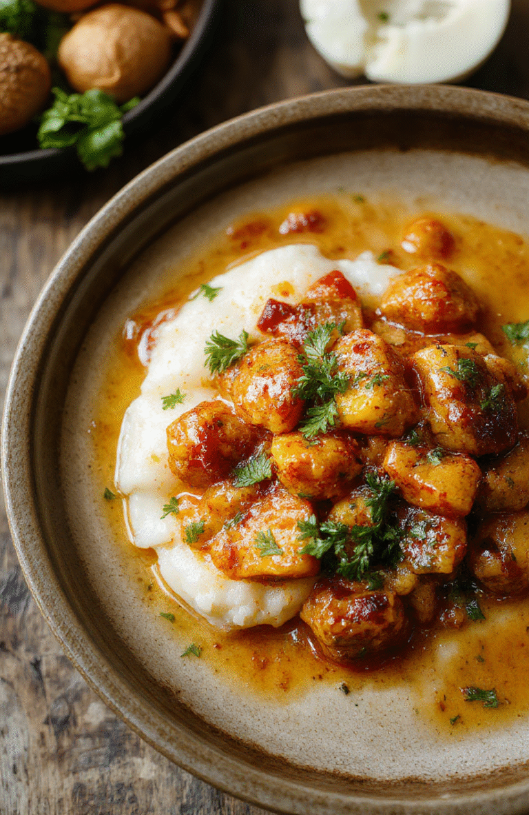 Golden-brown spiced ground lamb and potatoes in a rich, creamy tomato-based curry sauce, garnished with fresh cilantro and served in a rustic ceramic bowl with steamed basmati rice on the side.