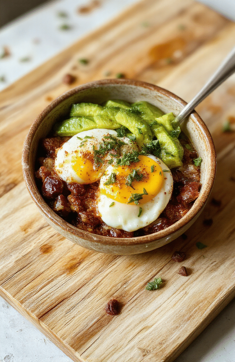 A vibrant keto breakfast bowl served in a rustic ceramic bowl: perfectly cooked over-medium golden yolks surrounded by crispy avocado wedges, crispy bacon crumbles, fresh spinach leaves, and a sprinkle of everything bagel seasoning. Soft natural light highlights the creamy textures and rich colors against a light wooden tabletop background.