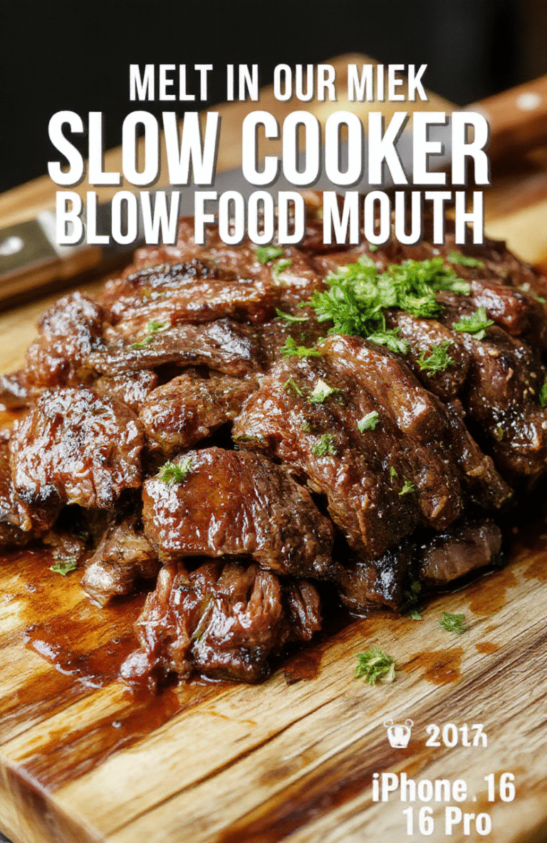 A rustic ceramic crockpot centered on a wooden kitchen counter, lid lifted to reveal deeply browned beef chunks bathed in rich brown gravy with carrots, potatoes, and onions. Steam curls gently from the hot contents. Natural light from a nearby window casts soft shadows and highlights the glossy sauce coating the tender meat.