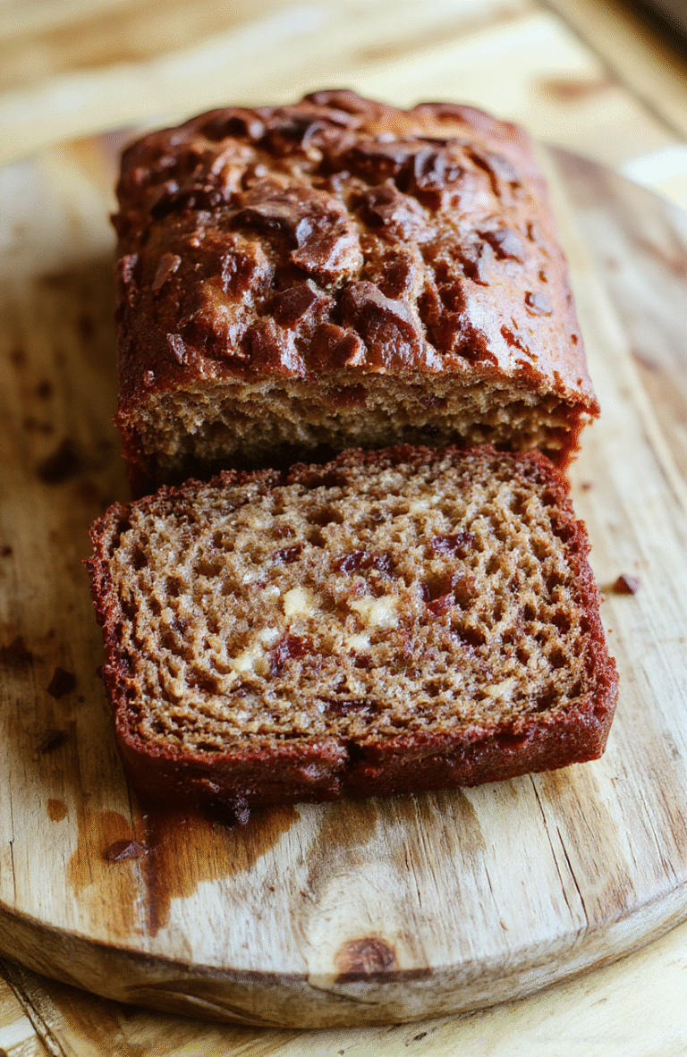 A golden-brown loaf of banana bread resting on a rustic wooden cutting board, sliced to reveal a tender, moist crumb with visible banana fragments and a subtle caramelized crust, dusted lightly with powdered sugar.