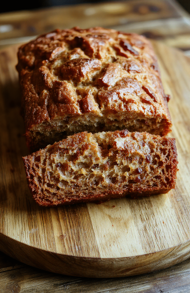 A golden-brown, perfectly baked banana bread loaf rested on a wooden cutting board, sliced to reveal a tender, moist crumb with tiny scattered banana pieces, dusted lightly with powdered sugar, and rested beside a ripe bunch of bananas and a teaspoon on a rustic white countertop.