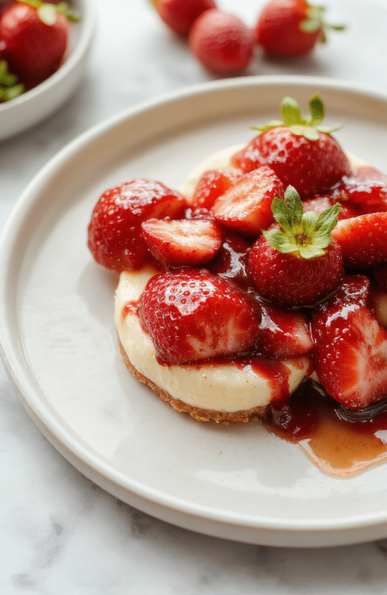 Fresh strawberries halved and filled with creamy no-bake cheesecake mixture, arranged on a white ceramic plate with a dusting of powdered sugar and vibrant green strawberry leaves. The contrast of rich white cheesecake and deep red berries is striking, with glossy sheen on the berries and soft texture of the filling.