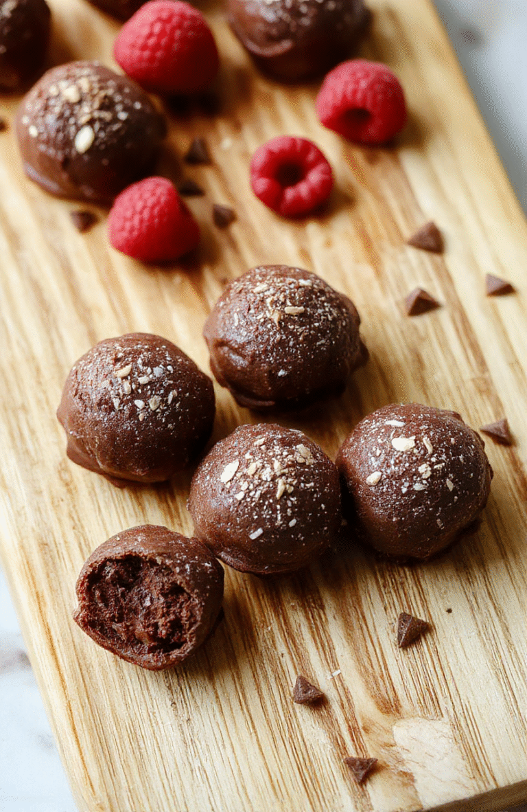 Mini chocolate raspberry truffles arranged on a white ceramic plate, dusted with powdered sugar, with deep red raspberry coulis drizzle and dark chocolate shavings on the side, on a rustic wooden backdrop with soft natural light and subtle shadows.