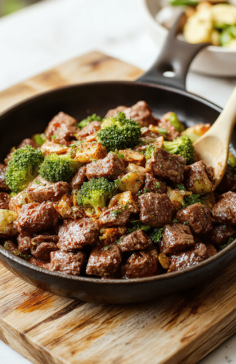 Juicy thin-sliced beef strips with vibrant green broccoli florets in a glossy savory-sweet garlic soy glaze, served in a cast iron skillet with steam rising, garnished with sesame seeds and sliced green onions on a wooden cutting board background.