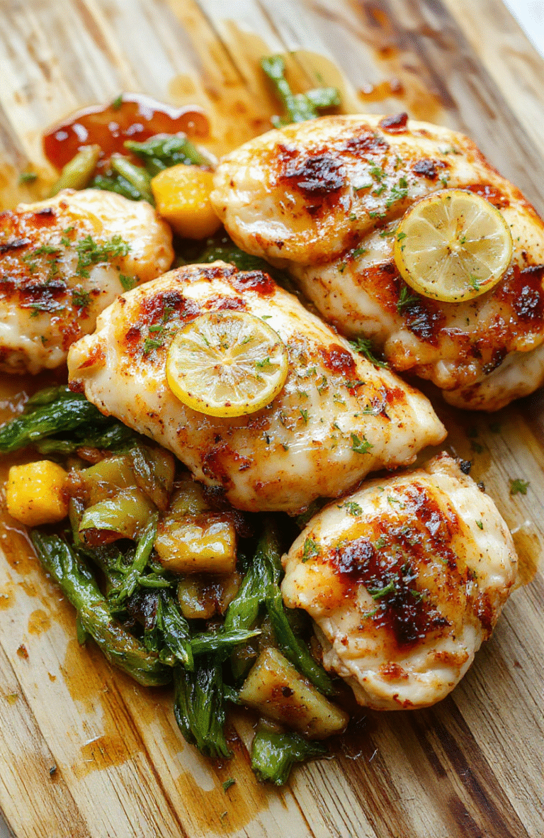Golden-brown lemon garlic chicken breasts served with roasted rainbow carrots, cherry tomatoes, and zucchini on a rustic wooden cutting board, garnished with fresh parsley and lemon slices, drizzled with golden sauce, on natural oak surface, soft natural daylight, shallow depth of field