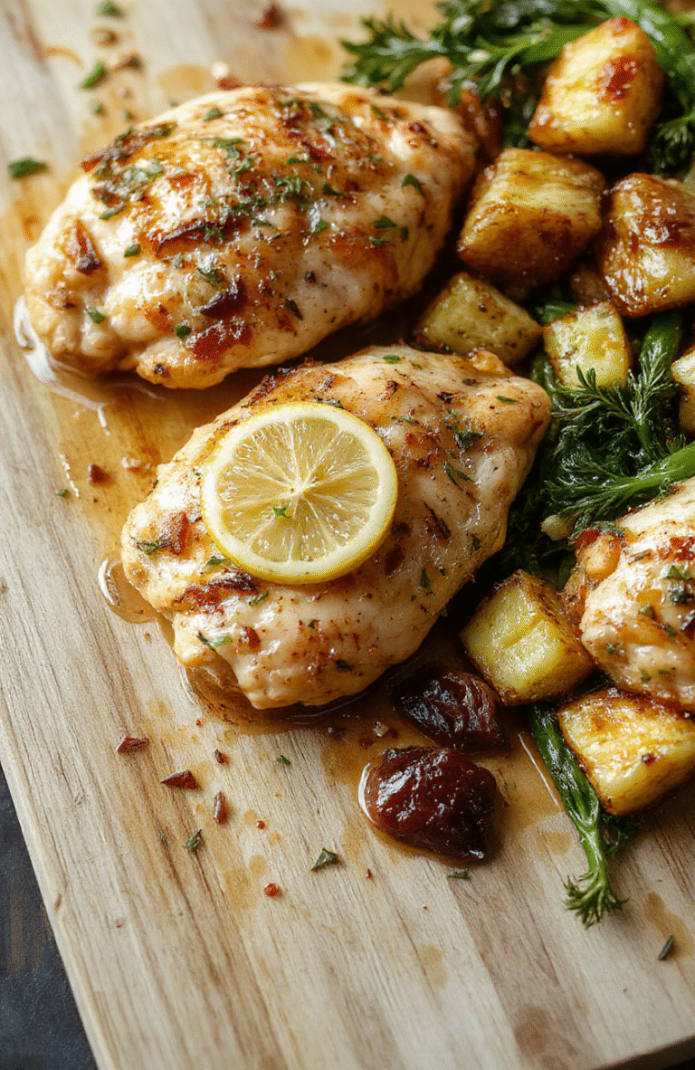 Golden-brown seared chicken thighs with lemon slices and garlic cloves nestled on a sheet pan alongside vibrant roasted broccoli, cherry tomatoes, and baby carrots, drizzled with olive oil and fresh parsley, served in a rustic cast iron pan on a wooden cutting board, soft natural daylight with shallow depth of field.