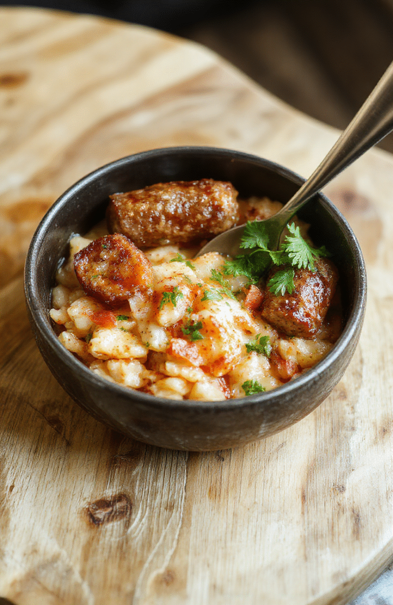 A steaming bowl of golden-brown sausage and rice with visible tender rice grains, diced onions, bell peppers, and smoky sausage slices, garnished with fresh parsley on a rustic wooden board, shot in natural daylight with shallow depth of field.