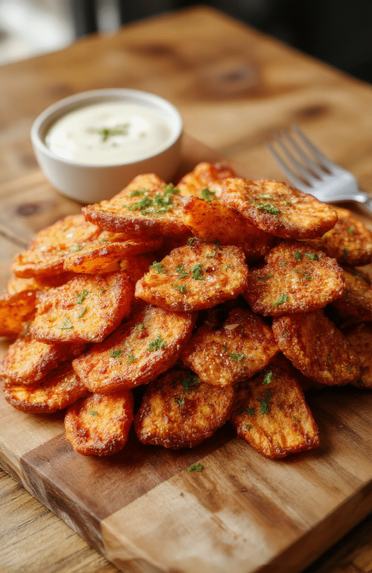 Golden-brown crispy sweet potato fries in a rustic ceramic bowl, garnished with flaky sea salt and fresh parsley, served on a wooden board with a drizzle of olive oil and a light dusting of paprika. Soft natural light highlights the contrast between the crunchy exterior and tender interior.