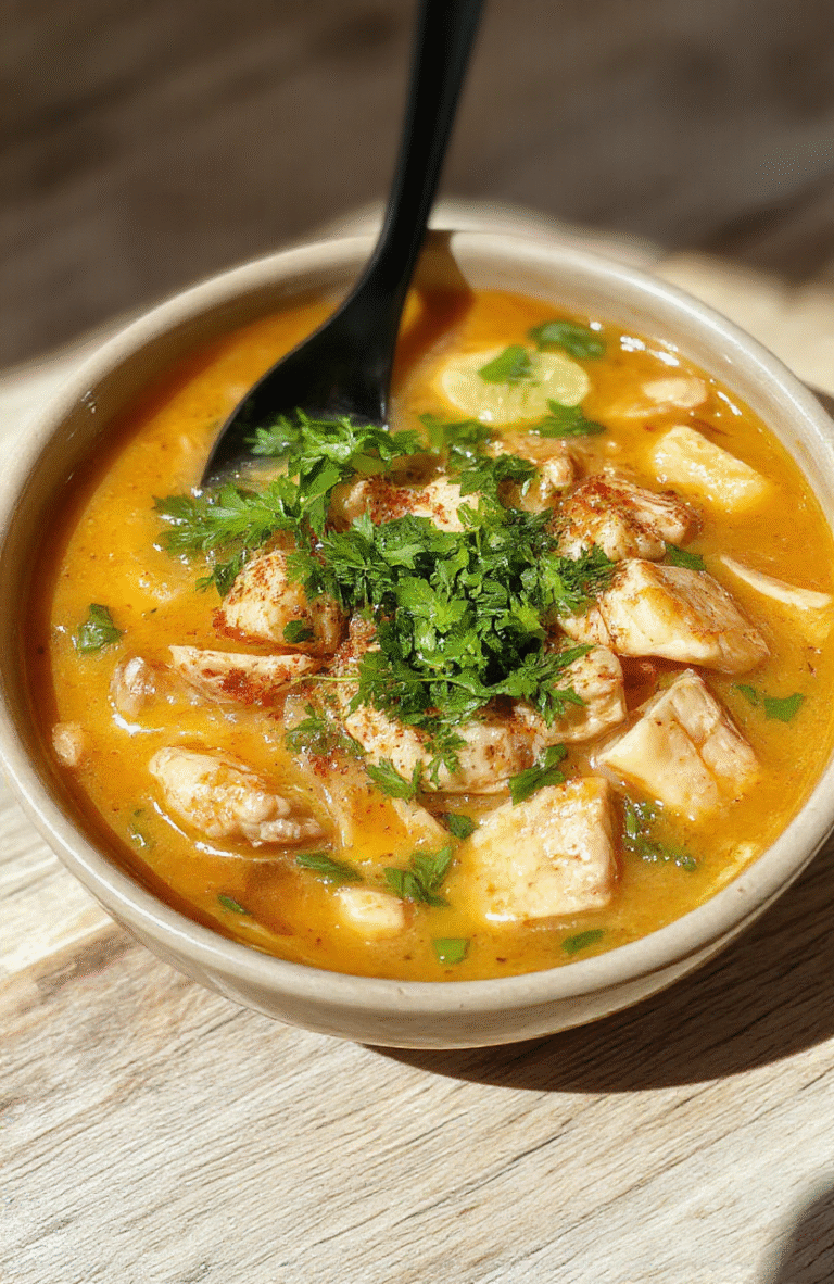 A steaming bowl of aromatic chicken pho with tender shredded chicken, golden broth, rice noodles, fresh green onions, red chili slices, and cilantro sprigs, served in a ceramic bowl with chopsticks resting on the rim against a rustic wooden table.