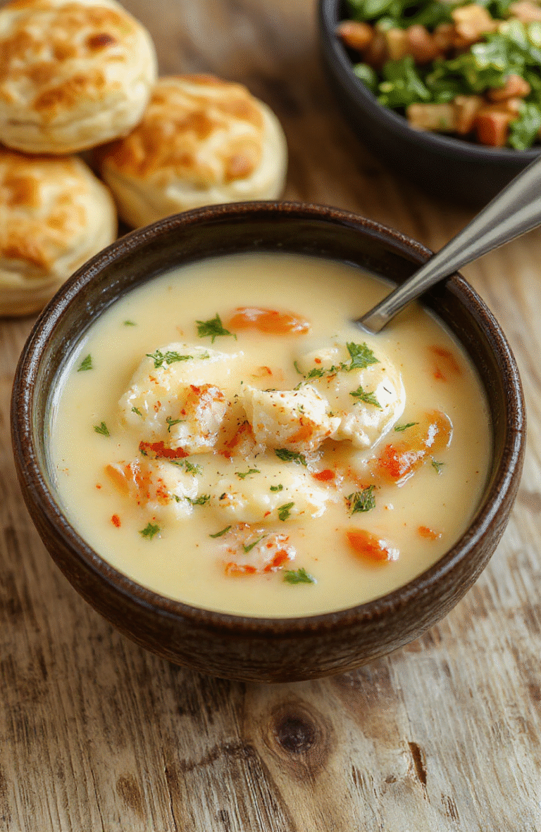 A rustic bowl of steaming chicken dumpling soup topped with golden-brown, fluffy biscuits, filled with tender chicken, carrots, celery, and herbs, garnished with fresh parsley, served in a white ceramic bowl against a light wooden table with soft natural light.