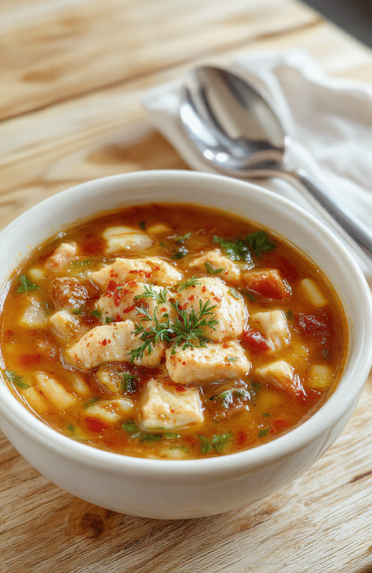 A steaming bowl of golden chicken noodle soup with tender shredded chicken, soft egg noodles, wilted carrot coins, and fresh parsley sprigs, served in a rustic ceramic bowl on a wooden table, with soft natural daylight and subtle steam rising.