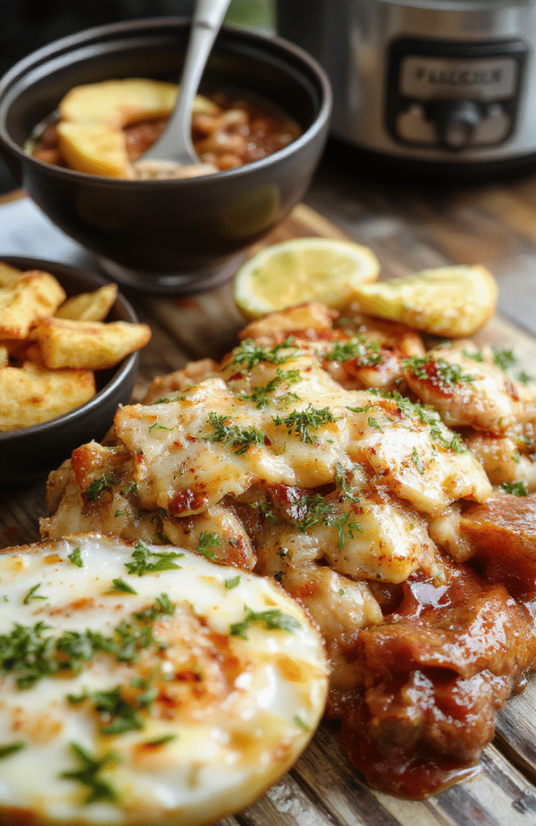 A rustic cast-iron crockpot on a warm wooden kitchen counter, steam rising from a hearty tomato-basil chicken stew with tender chunks of chicken, red potatoes, carrots, and fresh basil leaves sprinkled on top. Soft自然 light from a nearby window creates gentle shadows, and a wooden spoon rests against the rim.