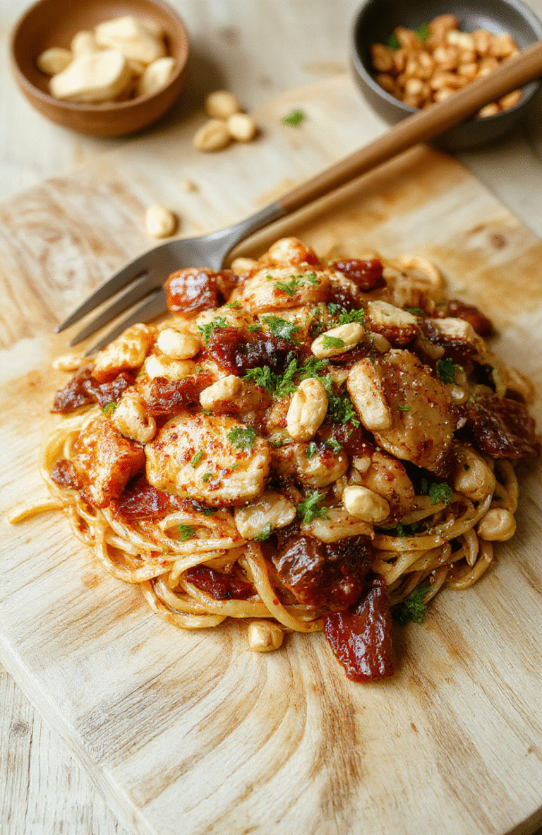 Steam rising from a bowl of vibrant kung pao noodles tossed with diced crispy chicken, red bell peppers, green onions, and toasted peanuts, garnished with sesame seeds and chili flakes on a rustic bamboo platter, set against a soft blurred background of wooden kitchen counters.