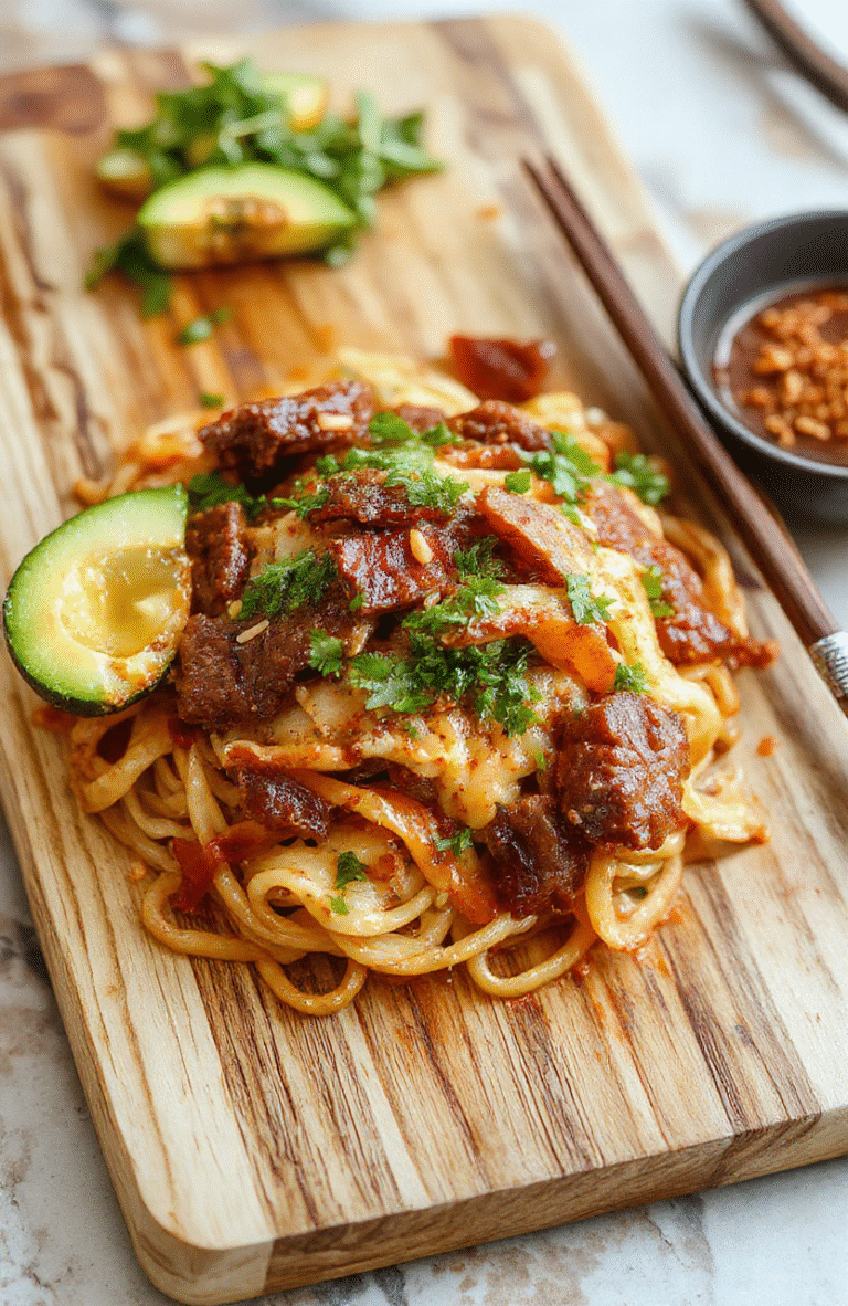 Close-up of sizzling Mongolian beef with caramelized strips of beef, glossy soy-based glaze, and chewy flat rice noodles in a shallow white bowl, garnished with green onions and sesame seeds, on a light wooden cutting board with soft shadows