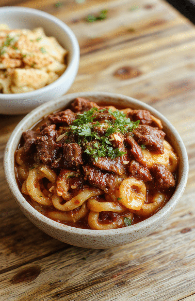 Glossy brown sticky beef noodles in a white bowl, topped with sesame seeds, sliced green onions, and a few bright red chili flakes, placed on a light oak wooden table with soft natural daylight and shallow depth of field.