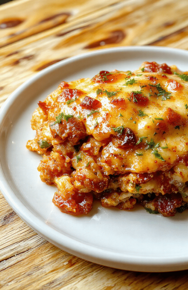 A golden-brown, bubbling million dollar chicken casserole in a deep ceramic baking dish, topped with melted Swiss and cheddar cheese, crispy fried onions, and fresh parsleysprinkles. Steam rises from the casserole; background is rustic wooden table with soft natural light.