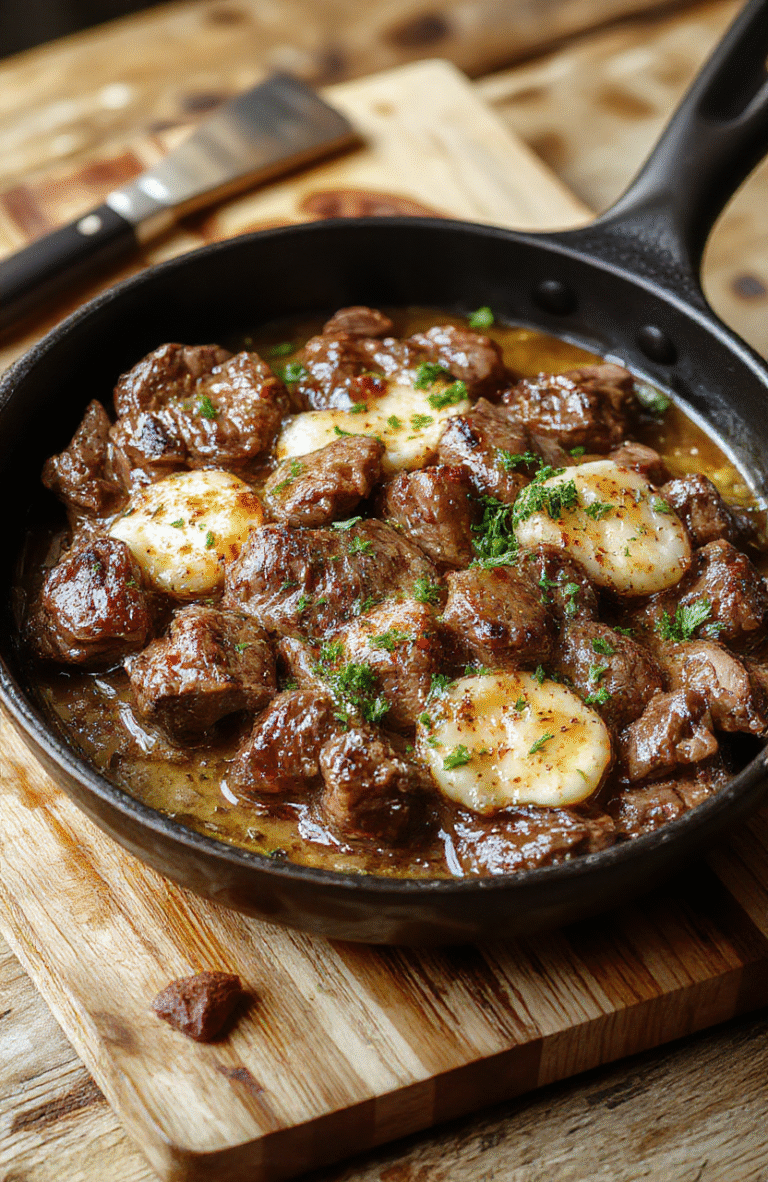 A sizzling cast-iron skillet with thick ribeye steak strips glistening in golden garlic butter sauce, nestled beside roasted broccoli florets and cherry tomatoes, on a rustic wood cutting board, garnished with fresh parsley and cracked black pepper, soft natural lighting, shallow depth of field, vibrant colors
