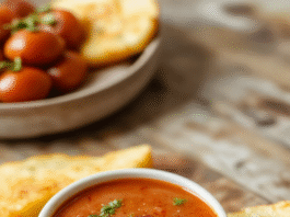 A rustic ceramic bowl filled with vibrant red homemade tomato soup, garnished with a drizzle of olive oil, fresh basil leaves, and a swirl of cream, served alongside a golden grilled cheese sandwich on a wooden cutting board with visible cracks and warm lighting.