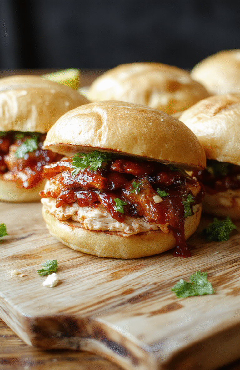 Juicy, glossy pulled chicken in sticky amber bbq sauce resting on a warm toasted brioche bun, garnished with tangy pickles and fresh parsley, on a rustic wooden board with a side of coleslaw and cornbread