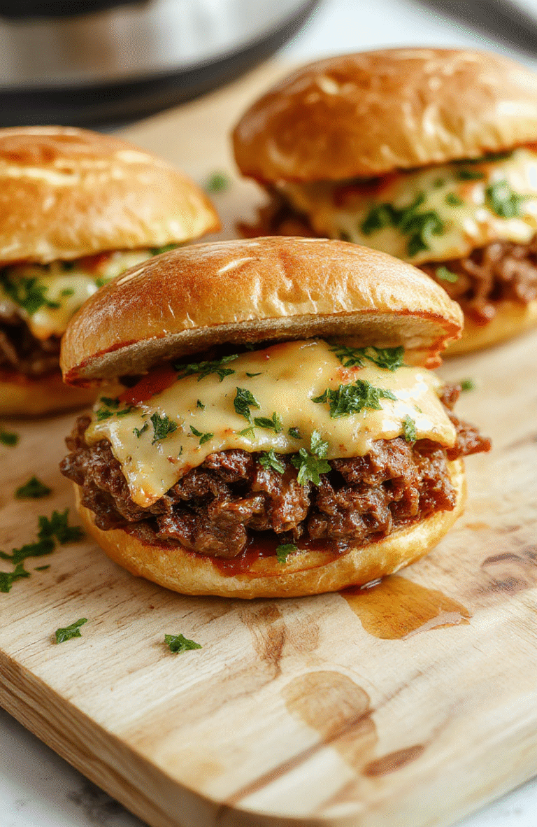 Thick slices of tender, juicy slow-cooked beef piled high on toasted rustic sandwich bread, melted sharp cheddar oozing over the edges, with pickles and sautéed onions on the side on a wooden board, soft natural light, shallow depth of field, cozy kitchen backdrop.