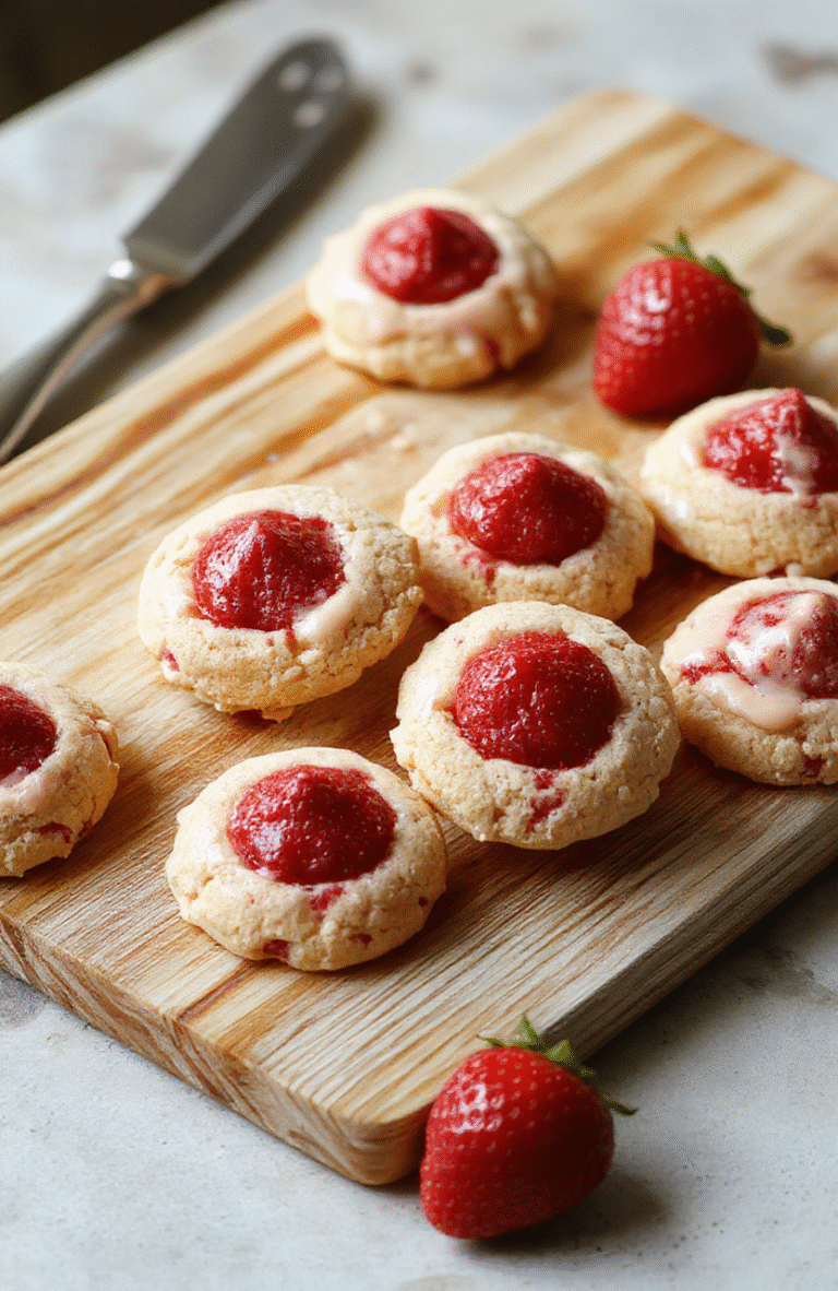 Two warm, soft strawberry kiss cookies on a white ceramic plate, dusted with powdered sugar, slightly glistening with jammy centers, against a light wood background with natural sunlight casting soft shadows.