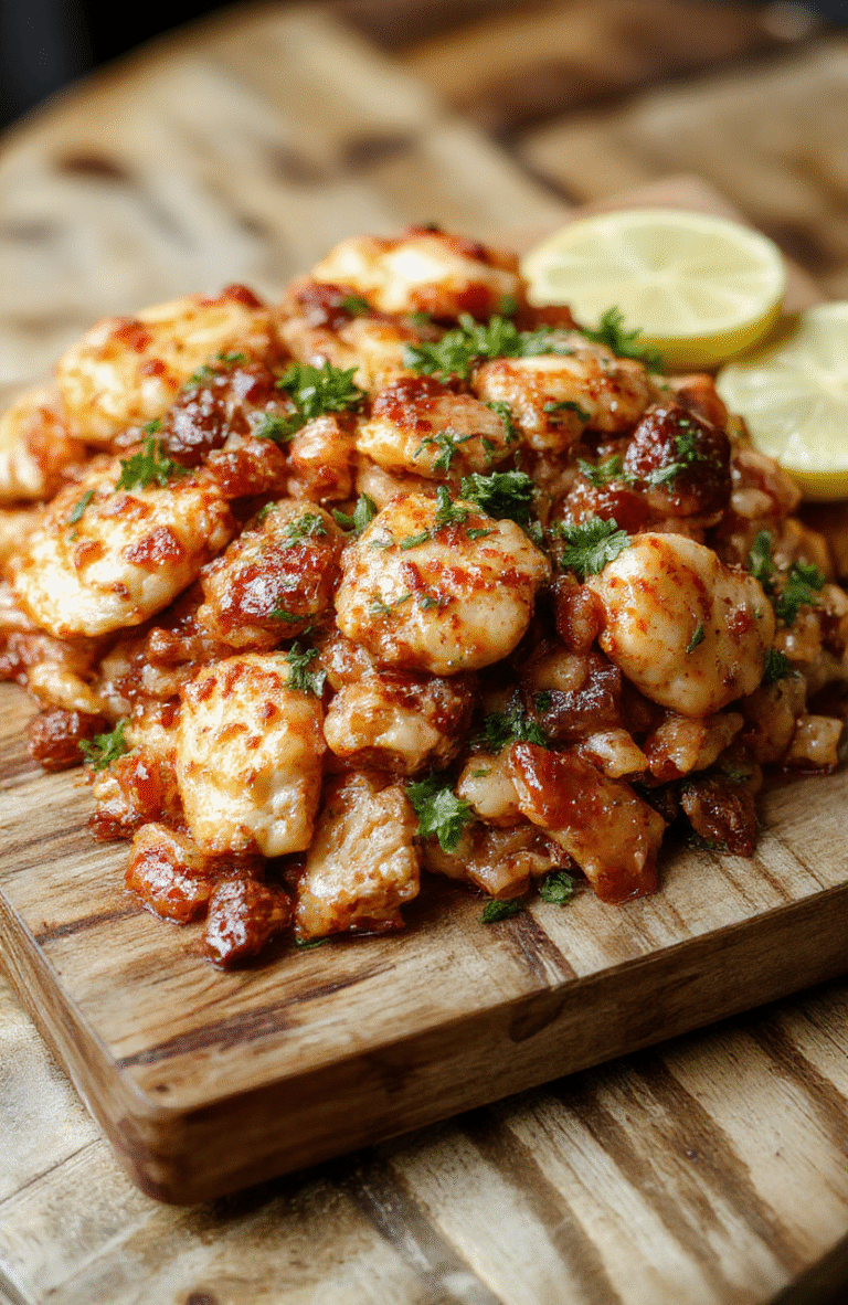A steaming bowl of vibrant spiced jambalaya layered with golden brown crispy chicken pieces, reddish-brown andouille sausage slices, tender bell peppers, onion, celery, and enriched red rice — all garnished with fresh parsley and a lemon wedge on a rustic wooden cutting board.