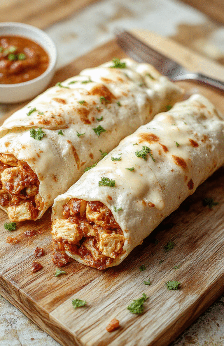 Vibrant close-up of two assembled chipotle chicken burritos on a rustic wooden cutting board, wrapped in golden-brown foil with a side of fresh cilantro, lime wedges, sliced avocado, and black beans;