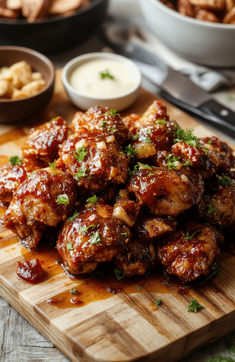 Glossy sticky brown sugar garlic chicken thighs on a white ceramic plate, glistening with(glazed) caramelized sauce, golden-brown crust, fresh green scissors cut scallions scattered on top, served with steamed rice and charred lemon wedges in natural daylight.
