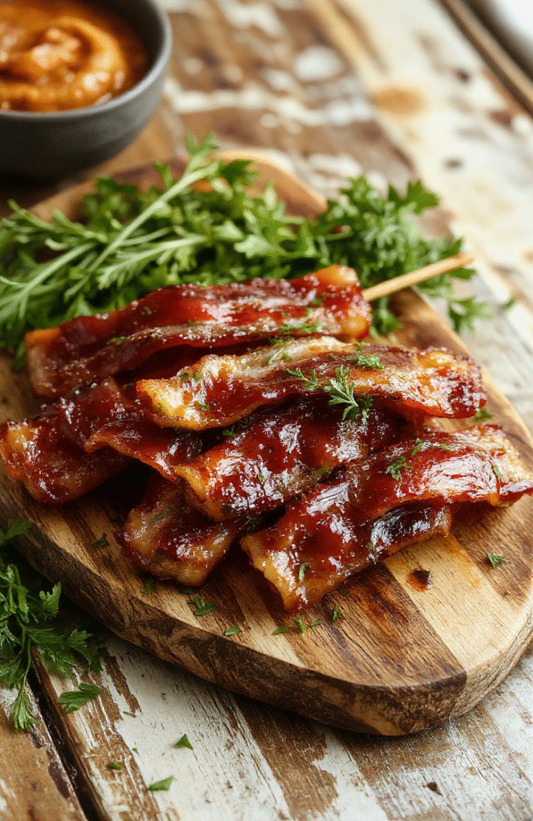 Glossy mini bacon-wrapped smokies arranged in a circle on a white ceramic platter, each smokie glistening with maple glaze, crispy bacon edges slightly curled, with a drizzle of golden syrup and a scattering of chopped fresh thyme