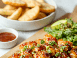 Sweet and Spicy Honey Pepper Chicken Golden-brown honey pepper chicken pieces glistening with sticky glaze, nestled on a wooden board with sliced bell peppers, halved cherry tomatoes, and fresh cilantro sprigs, close-up shot showing crispy edges and vibrant colors.