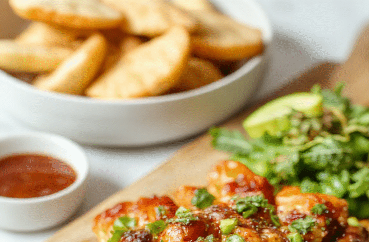 Golden-brown honey pepper chicken pieces glistening with sticky glaze, nestled on a wooden board with sliced bell peppers, halved cherry tomatoes, and fresh cilantro sprigs, close-up shot showing crispy edges and vibrant colors.