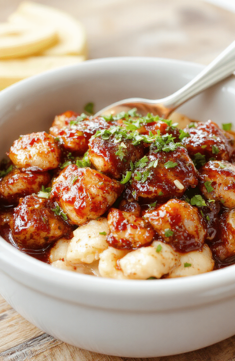 A rustic ceramic crock pot centered on a wooden table, with golden-brown chicken pieces glistening under a glossy, deep amber bourbon glaze, garnished with sliced scallions and sesame seeds, steam rising slightly, natural daylight from a nearby window soft and warm.
