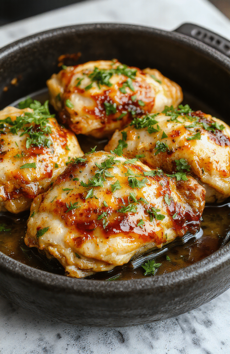 Golden-brown seared chicken thighs glistening with rich garlic butter sauce, nestled on a dark ceramic plate with roasted baby potatoes and fresh parsley sprinkled nearby. Steam rises gently, and a splash of lemon juice adds brightness.