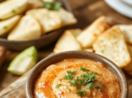 Rustic ceramic bowl filled with creamy, cheesy, spicy buffalo chicken dip, topped with crumbled blue cheese and chopped green onions, served with tortilla chips and celery sticks on a wooden board, soft natural lighting, vibrant orange and green accents, shallow depth of field
