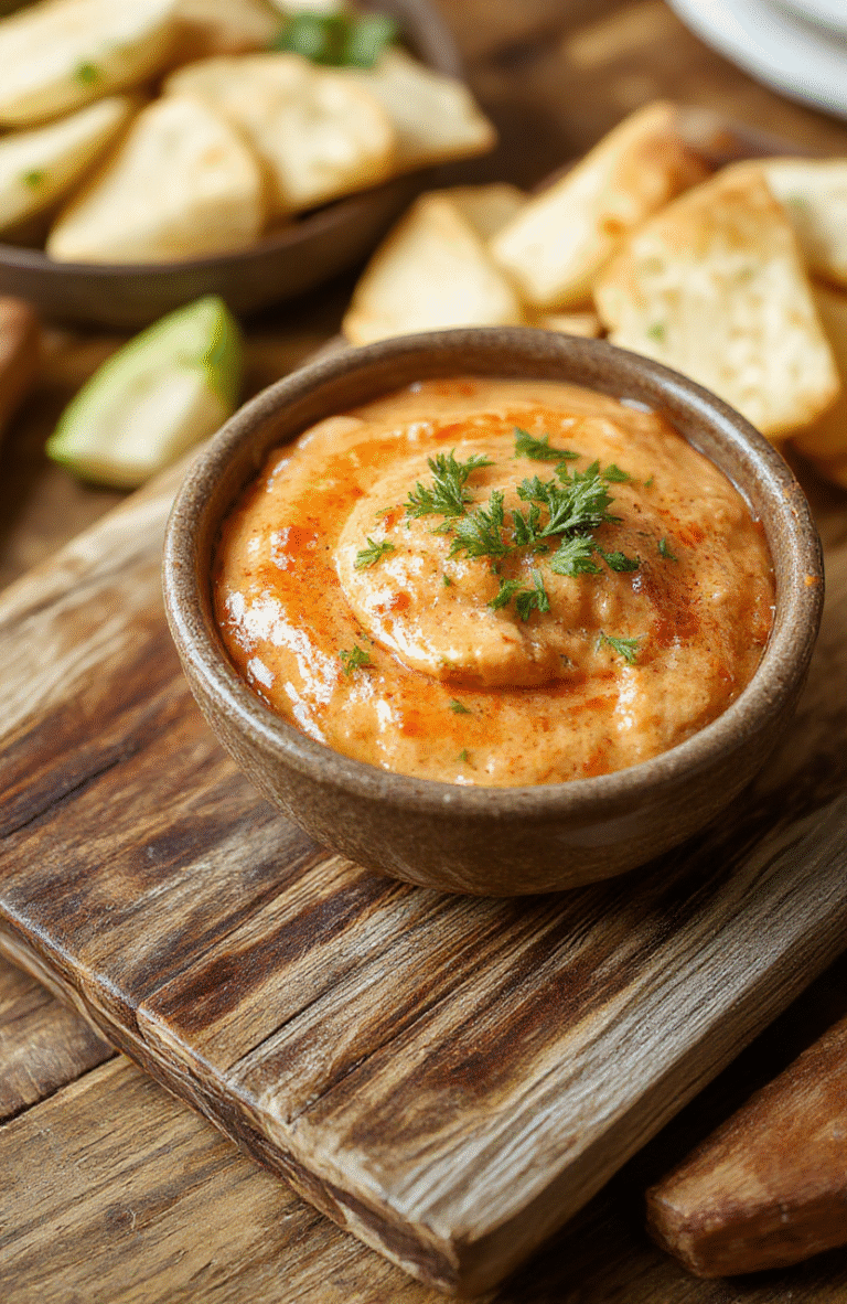 Rustic ceramic bowl filled with creamy, cheesy, spicy buffalo chicken dip, topped with crumbled blue cheese and chopped green onions, served with tortilla chips and celery sticks on a wooden board, soft natural lighting, vibrant orange and green accents, shallow depth of field