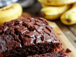 Ultimate Moist Chocolate Banana Bread A rich, fudgy slice of chocolate banana bread on a rustic wooden board, showing a moist crumb with visible chocolate chips and banana chunks, dusted lightly with powdered sugar, next to a half banana and a drizzle of melted dark chocolate on the board, soft natural light, shallow depth of field