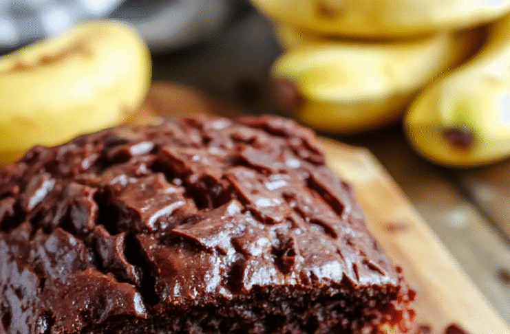 A rich, fudgy slice of chocolate banana bread on a rustic wooden board, showing a moist crumb with visible chocolate chips and banana chunks, dusted lightly with powdered sugar, next to a half banana and a drizzle of melted dark chocolate on the board, soft natural light, shallow depth of field