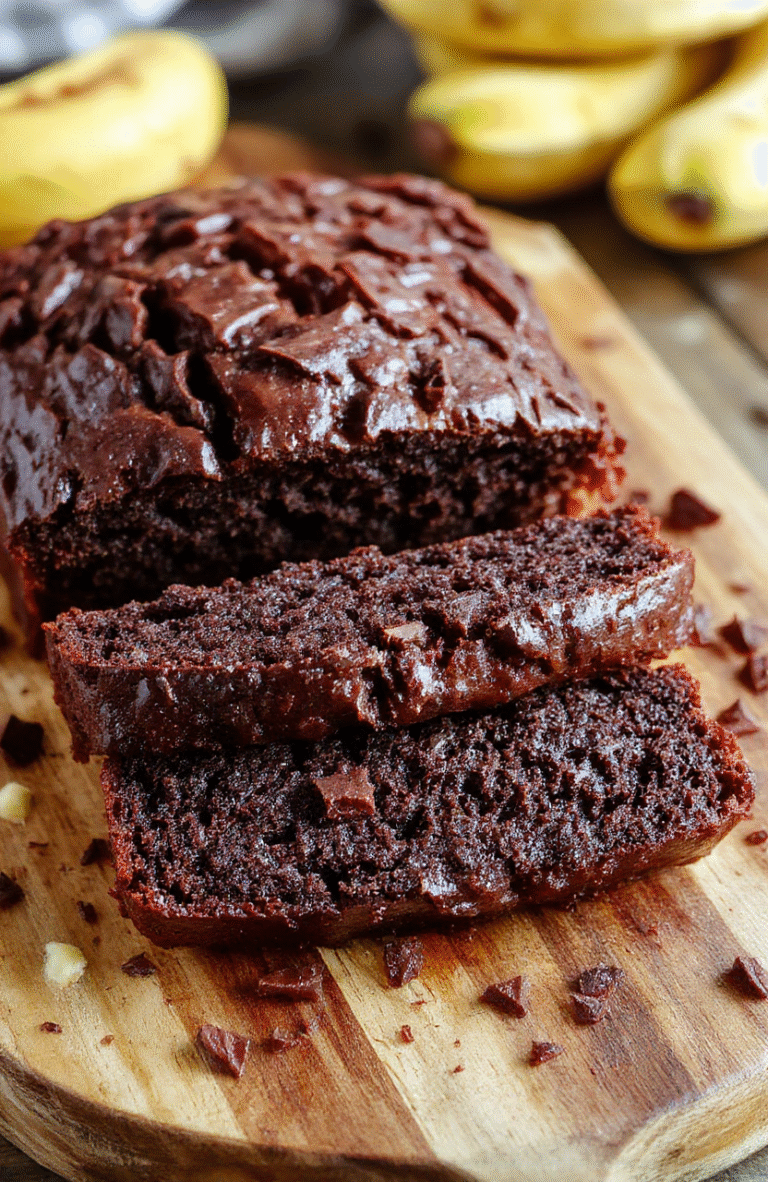 A rich, fudgy slice of chocolate banana bread on a rustic wooden board, showing a moist crumb with visible chocolate chips and banana chunks, dusted lightly with powdered sugar, next to a half banana and a drizzle of melted dark chocolate on the board, soft natural light, shallow depth of field