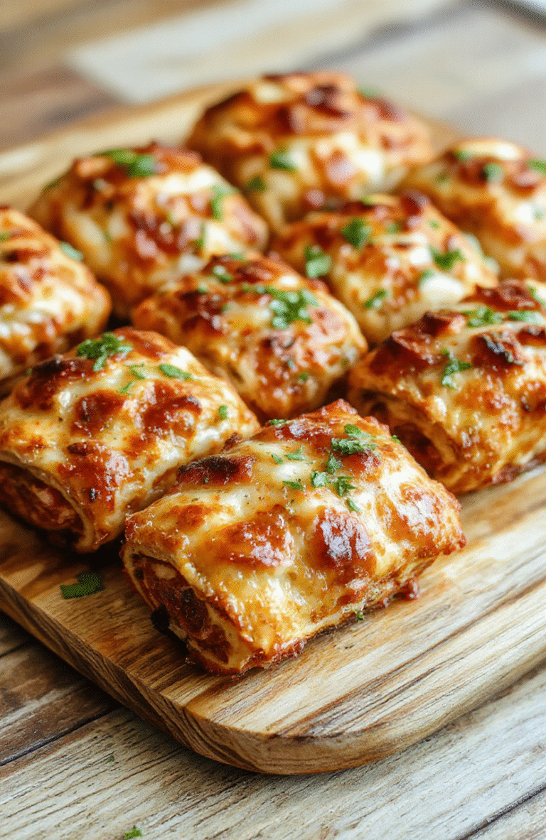 Golden-brown, perfectly puffed pizza rolls on a white ceramic plate, glistening with a light oil sheen, with visible flaky crust layers and melted red pepper and mozzarella cheese peeking from two broken rolls, placed over a rustic wooden board with a sprig of fresh basil